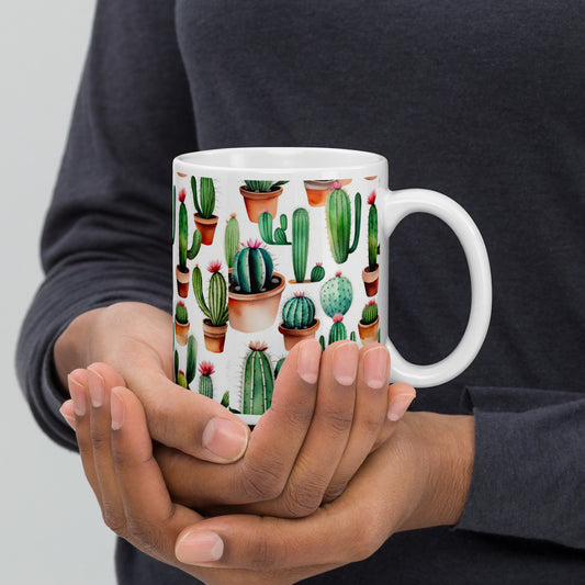 White glossy cacti mug